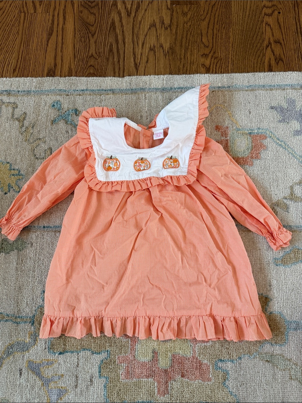 Girls' Coral Pumpkin Appliqué Ruffle Dress